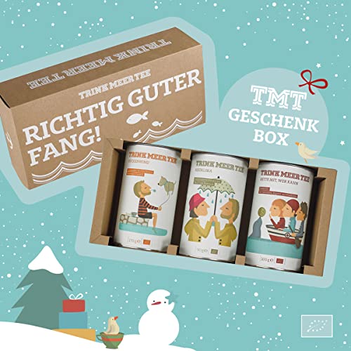 Trink Meer Tee TEE GESCHENKSET - Bio-Tees | hocharomatisch | 3 außergewöhnliche Früchte- und Kräuterteemischungen | loser Tee in liebevoll gestalteten Teedosen in hübscher Tee Geschenkbox