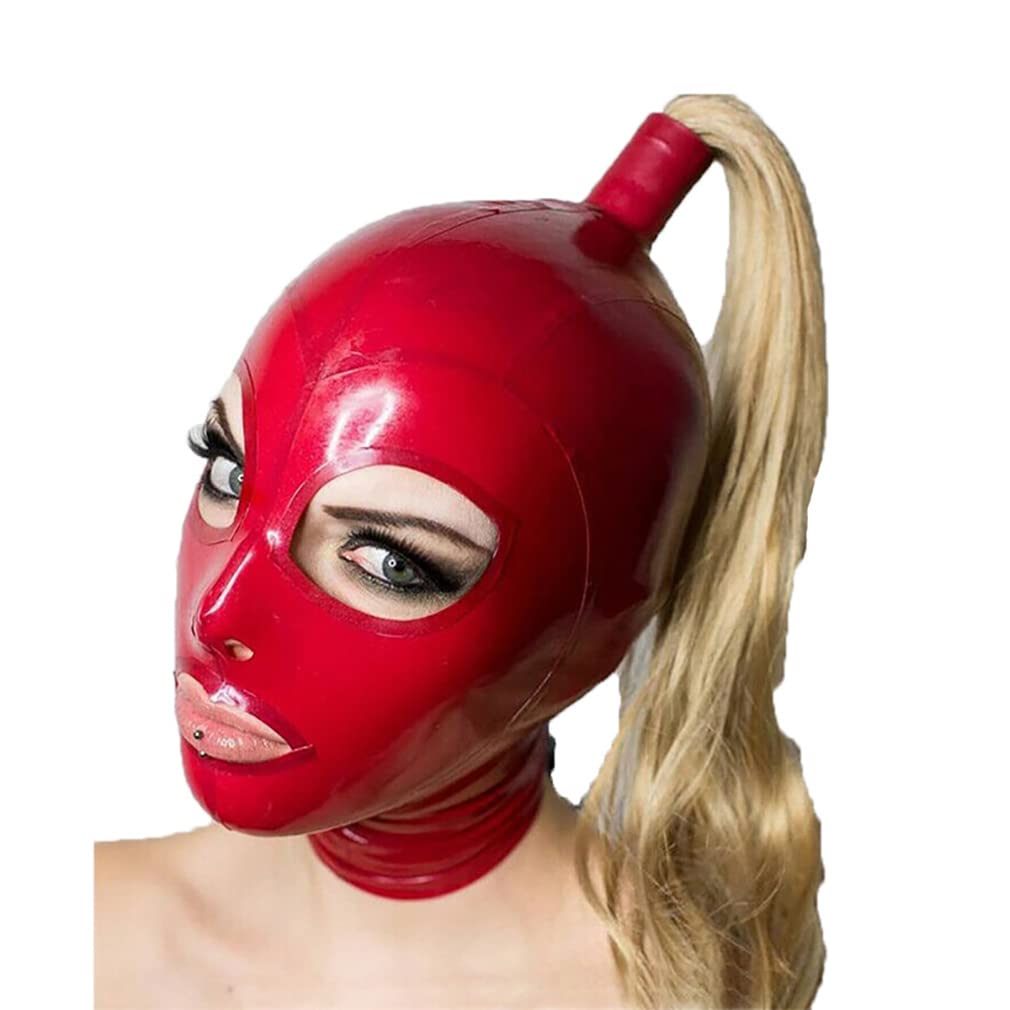 Buffny Halloween Hood full face masker,Latex Head Cover Mask With Zipper and long ponytail for Party Nightclub Prom Cosplay Fetish,100% natural latex,Elastic Comfort,breathable-red||S