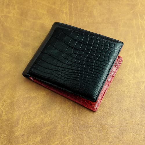 Image of HATA Black Red Bifold Leather Wallet for Men, Exotic Double-Sided Leather Wallet with RFID Blocking & ID Window Credit Card Holder, Handmade Gift for Birthday, Anniversary, Father's Day VILE-212