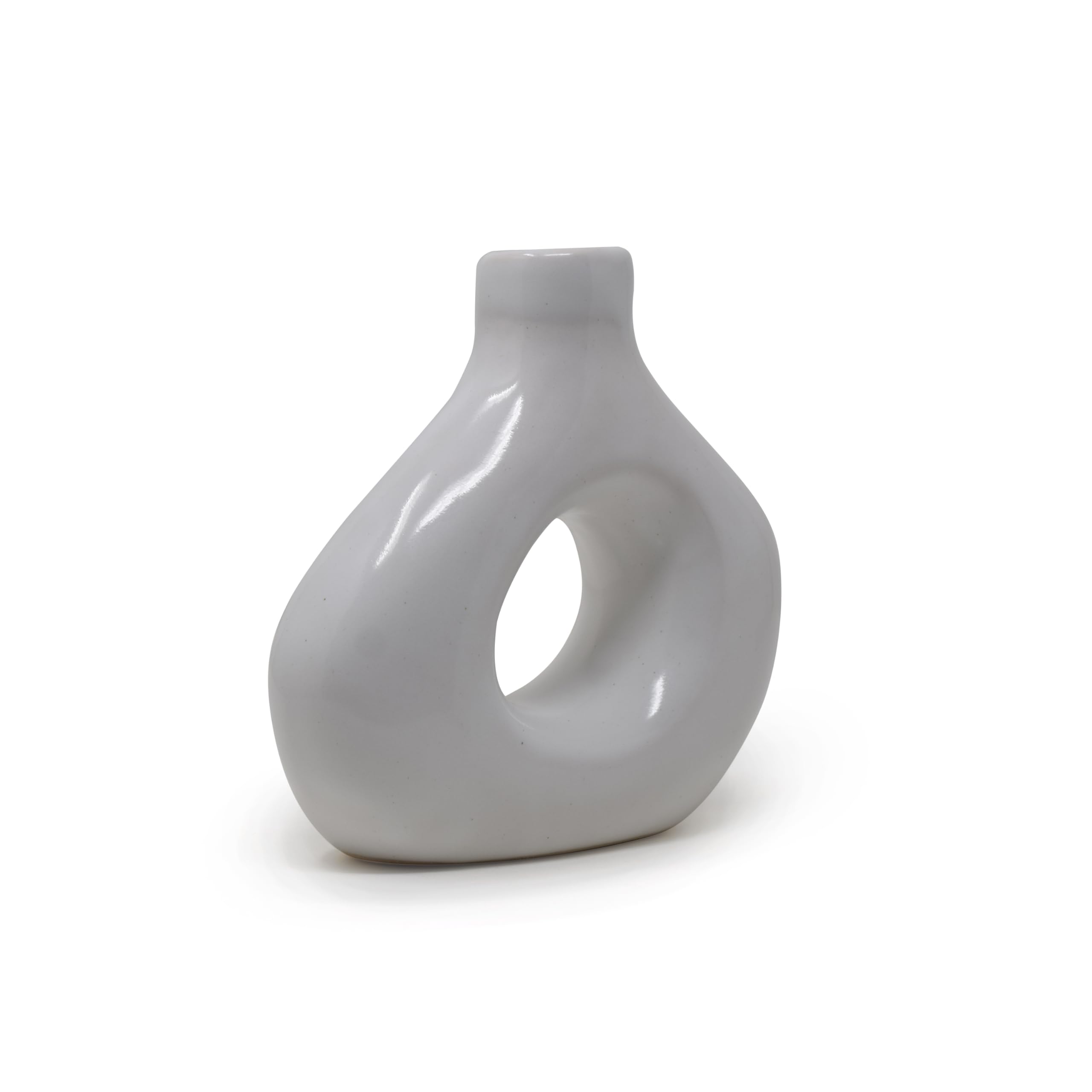 The Himalayan Goods Company Asymetric Ceramic Flower Bud Donut Vase 6 Inches for Plants Pampas Grass Home Decoration Items for Living Room Centerpiece Office Table (White)