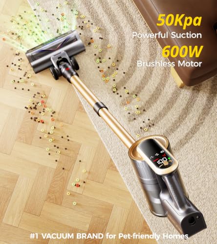 Image of RENDOW Cordless Vacuum Cleaner, 600W 50Kpa 65Mins Vacuum Cleaners for Home, Self-Standing Cordless Stick Vacuum with LED Display,Anti-Tangle Rechargeable Wireless Vacuum for Pet Hair /Carpet /Hard Floor