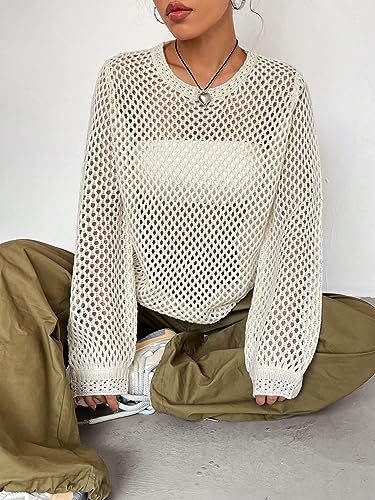 Image of Milumia Women's Hollow Out Sheer Fishnet Crochet Sweater Open Knit Pullover Tops Apricot Small