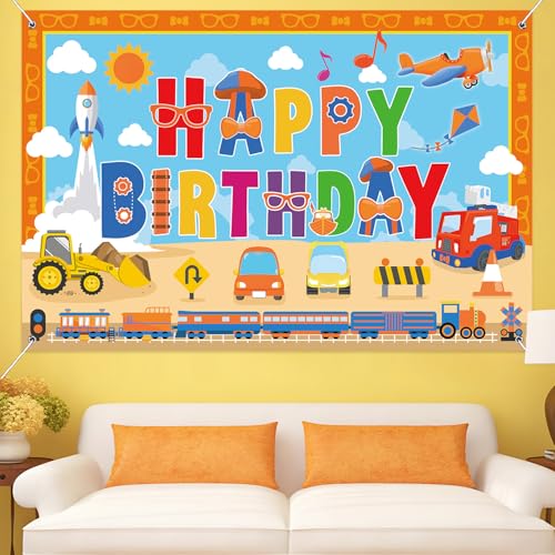 Image of Orange Blue Birthday Party Decorations Backdrop Banner 5x3Ft Vehicle Themed Happy Birthday Decorations Banner Background Photo Booth Props for English Teacher Party Supplies