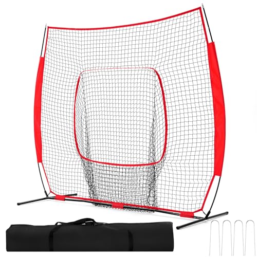 KMFurnila 7x7ft Baseball Softball Net, Portable Practice Pitching Net with Carry Bag, Hitting/Batting/Pitching/Throwing, for Players of All Skill Levels Practice