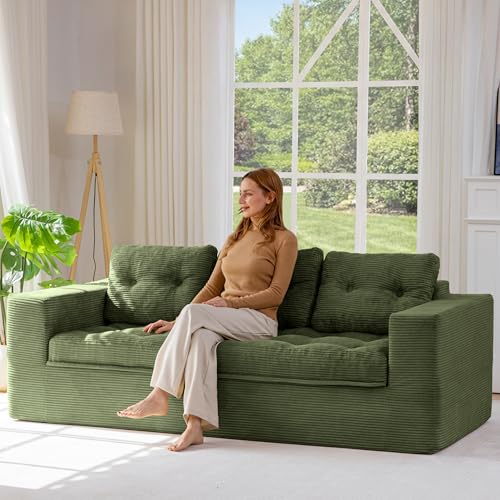 Image of MAXYOYO 79 inch Loveseat Sofa Couch for Small Spaces, Upholstered Boneless Cloud Couch for Apartment Bedroom, 2-Seater Love Seat Floor Modern Sofa with Pillows, No Assembly Required, Dark Green