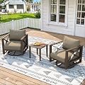 MAISON BACKYARDS 3 Piece Patio Outdoor Aluminum Swivel Rocking Chair with Coffee Table and 5.2" Thickened Cushions, All Weather Outdoor Furniture Chairs for Garden, Poolside, Deck-Brown