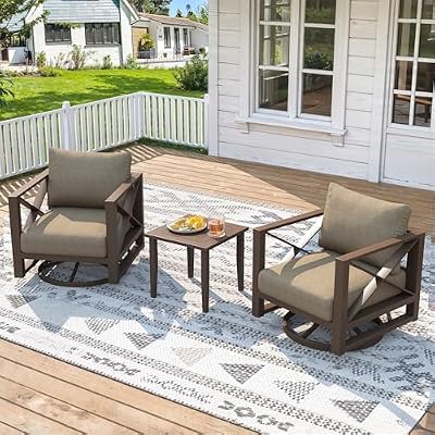MAISON BACKYARDS 3 Piece Patio Outdoor Aluminum Swivel Rocking Chair with Coffee Table and 5.2" Thickened Cushions, All Weather Outdoor Furniture Chairs for Garden, Poolside, Deck-Brown