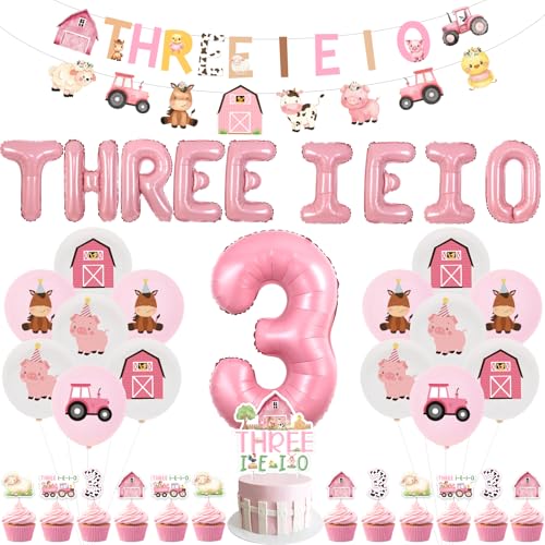 Cheereveal Farm Animal 3rd Birthday Party Decorations, THREE I E I O Banner Foil Balloon, Farm Animal Cake Cupcake Toppers Garland, Farmhouse Barnyard Themed Third Birthday Party Decoration Supplies