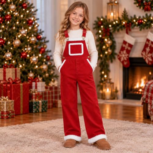 Kids Christmas Fleece Overall Faux Fur Trim Santa Style Oversized Bib Pants - image 5