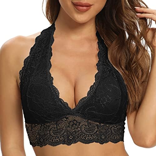 SHEKINI Damen Blumen BH Spitze Bralette Bustier Crop Top BH ohne Bügel Comfort Bra V-Ausschnitt Jeden Tag BHS Top für Frauen(Schwarz,M)