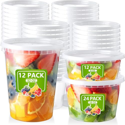 Kunststoffbehälter mit Deckel 48Stk Aufbewahrungsbecher für Lebensmittel 8Oz 16Oz 32Oz BPA-Frei Wiederverwendbare Küche Deli Container Plastikbox Auslaufsicher Spülmaschinen Mikrowellengeeignet