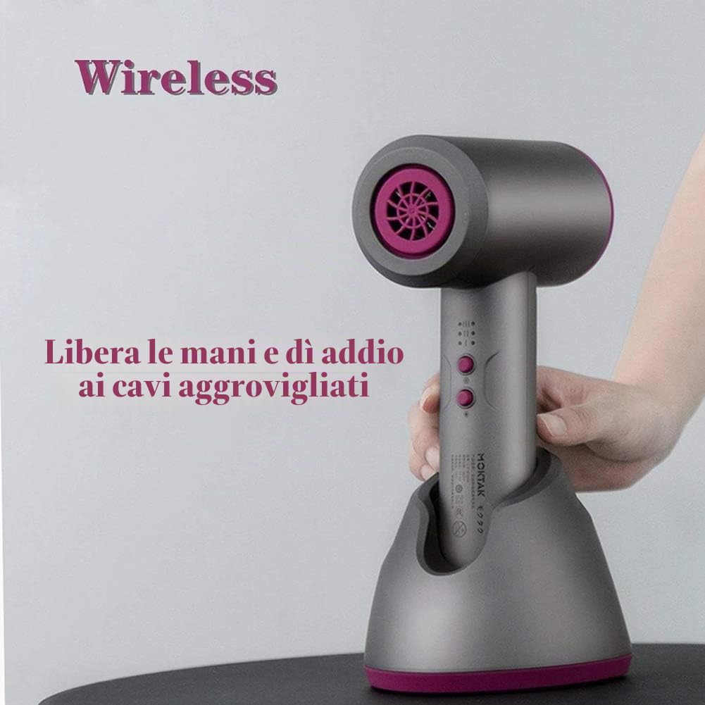 Asciugacapelli Senza Fili Professionale Phon per Capelli Ionico Batteria Ricaricabile da 4900 mAh 3 velocità Regolabile con ugello di Raccolta e diffusore