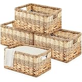 Suzile 4 Pcs Wicker Storage Basket Water Hyacinth Seagrass Woven Baskets for Organizing Square Wicker Storage Cubes with Handles Natural...