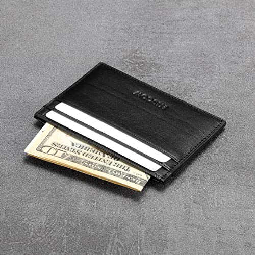 Image of HISCOW Slim Full Grain Leather Card Holder with ID Window, Veg-Tanned Black | Men's minimalist EDC wallet, front pocket carry, 2 credit card slots & center pocket, fits folded bills, premium gift box