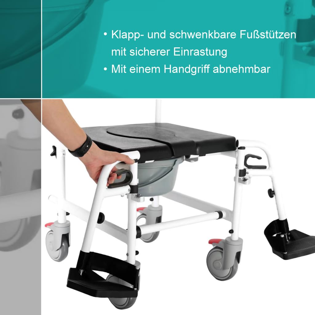 Akriva fahrbarer Toilettenstuhl aus Aluminium - Mobiler Nachtstuhl mit gepolsterter Sitzfläche und Eimer - Toilettenrollstuhl - Zimmerrollstuhl (Feste Sitzhöhe)