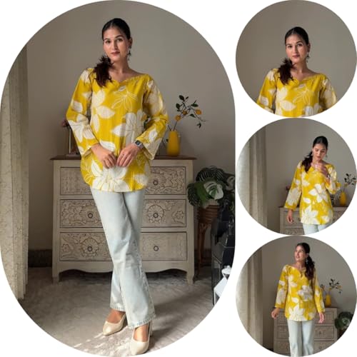 Image of Women's Short Kurti in Multicolor Rayon Cotton Blend | Ladies Ethnic Tunic | Office