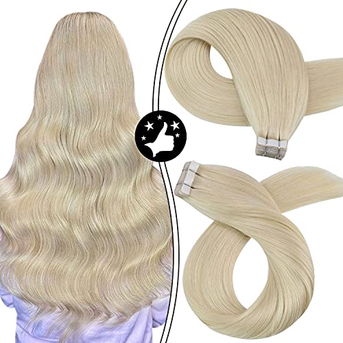 Moresoo 18 Inch Tape in Hair Extensions Human Hair Platinum Blonde Color #60 20pcs/50g Remy Human Hair Extensions Tape in Real Hair Extensions