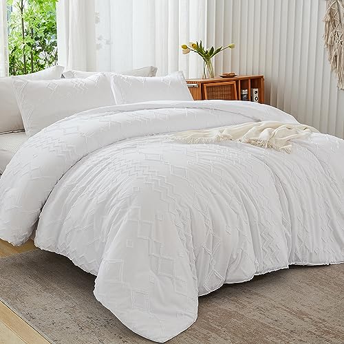Image of Andency White Tufted Comforter Set King(104x90Inch), 3 Pieces(1 Tufts Comforter, 2 Pillowcases) Boho Textured Farmhouse Bed, Down Alternative Geometric Bedding Set