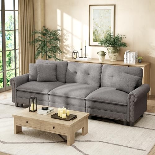 Image of HERA'S HOUSE 103.1 inch Modular Sectional Couch for Living Room Deep Seats | Mid-Century Modern 3-Seater Cloud Sofa, Dark Grey, Rolled Arms & Nailhead Trim, Wider & Deeper Seats, Soft Linen