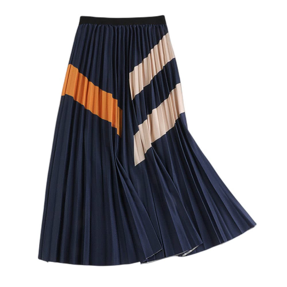 OZEO Gonne,Gonna Midi da Donna Blocchi di Colore Strisce Diagonali Retro Gonna A Pieghe Blu Vita Alta A-Line Grande Altalena Increspata Casual Gonne Lunghe per Donna Ragazze Autunno,L