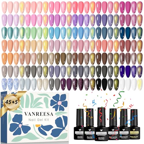 VANREESA Kit Vernis Semi Permanent, 45 Couleurs Vernis Gel UV Semi Permanent avec Base Top Coat Brillant Mat Pailleté, Kit Manucure pour Les Débutants, Cadeaux pour Femmes