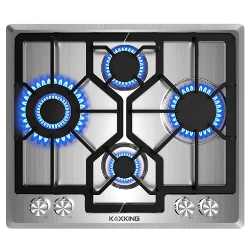 Gaskochfeld 4 Flammig, Gaskochfeld Einbau 60 cm, Edelstahl, NG/LPG konvertierbar, Flammenausfallsicherung Thermoelement, Gusseisen Topfträger, 8800 Watt, ideal für Wohnungen & kleine Küchen