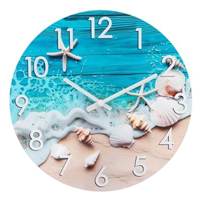 Alarllok 12 Inch Indoor Outdoor Waterproof Wall Clock for Patio Pool Bathroom Living Room Decor,Beach Nautical Seashell Glass Clock,Blue