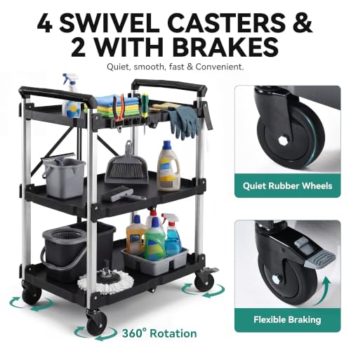 Image of YITAHOME 3-Tier Large Folding Utility Cart w /Wheels(2 Brakes), 300lbs | Foldable Service Cart Collapsible Rolling Cart w / 360 Swivel Wheels, Portable Cart w /Tool Side Mount Strap for Garage Office