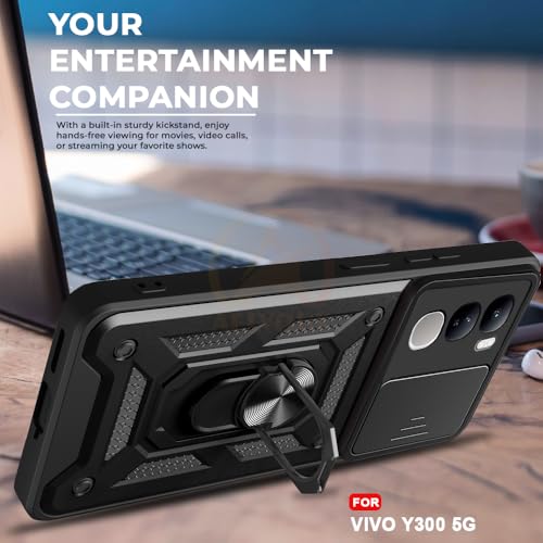 Image of Armor Bumper Back Cover Case for Vivo Y300 5G | Rotating Camera Cover, Ring Holder & Kickstand | Heavy Duty & 360 Degree Protection Vivo Y300 5G Back Cover (Black)