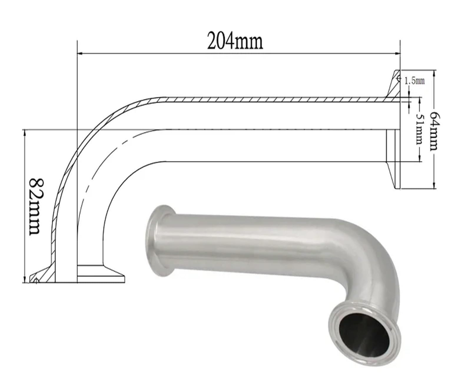 6" 8" 10" 12" 18" Length x 25 32 38 51mm 1.5" 2" Tri Clamp Spool Tube Elbow SUS304 316L Stainless Pipe Fitting(51K64-204,304)