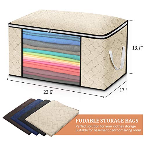 king do way Closet Organizer Clothes Storage Bags Large Capacity Storage Organizers with Reinforced Handle,Stainless Steel Zipper,3 Layer Fabric for Comforters,Bedding,Blankets Clothing (Off White, Storage without Divider,4 Pack)