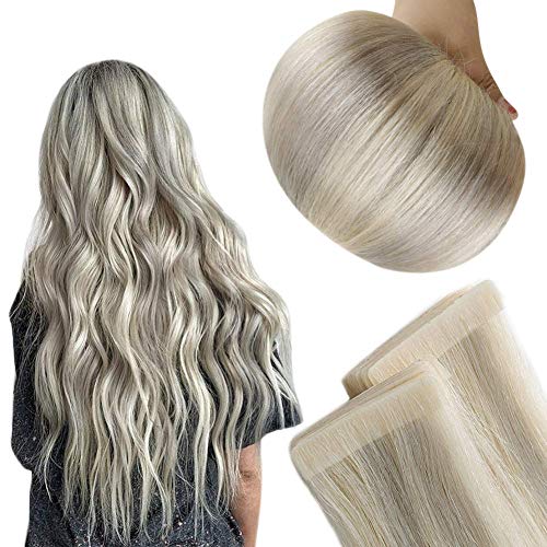 Full Shine Inject Glue in Human Hair Extensions Remy Hair 20 Inch 2.5g Per Pcs 5Pcs Per Pack Tape in Hair Blonde Highlighted Color 19A and 60 Tape in Remy Hair Extensions Human Hair