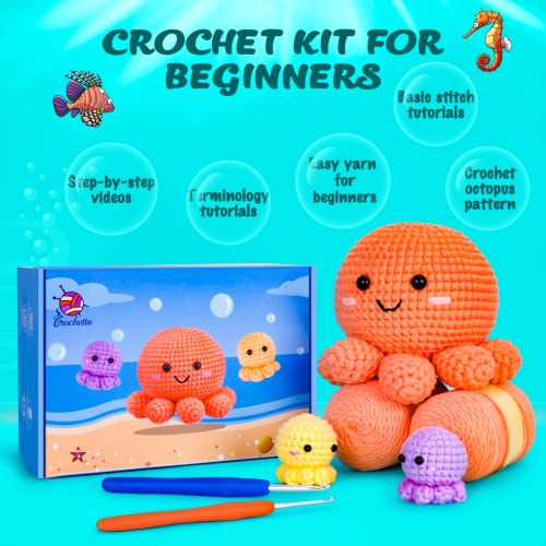 Crochetta Crochet Kit For Beginners, Amigurumi Crocheting Animals Kits W Step-By-Step Video Tutorials, Knitting Starter Pack For Adults And Kids, Jumbo 3 Nestable Octopus Familly (40%+ Yarn Content) #TOP5