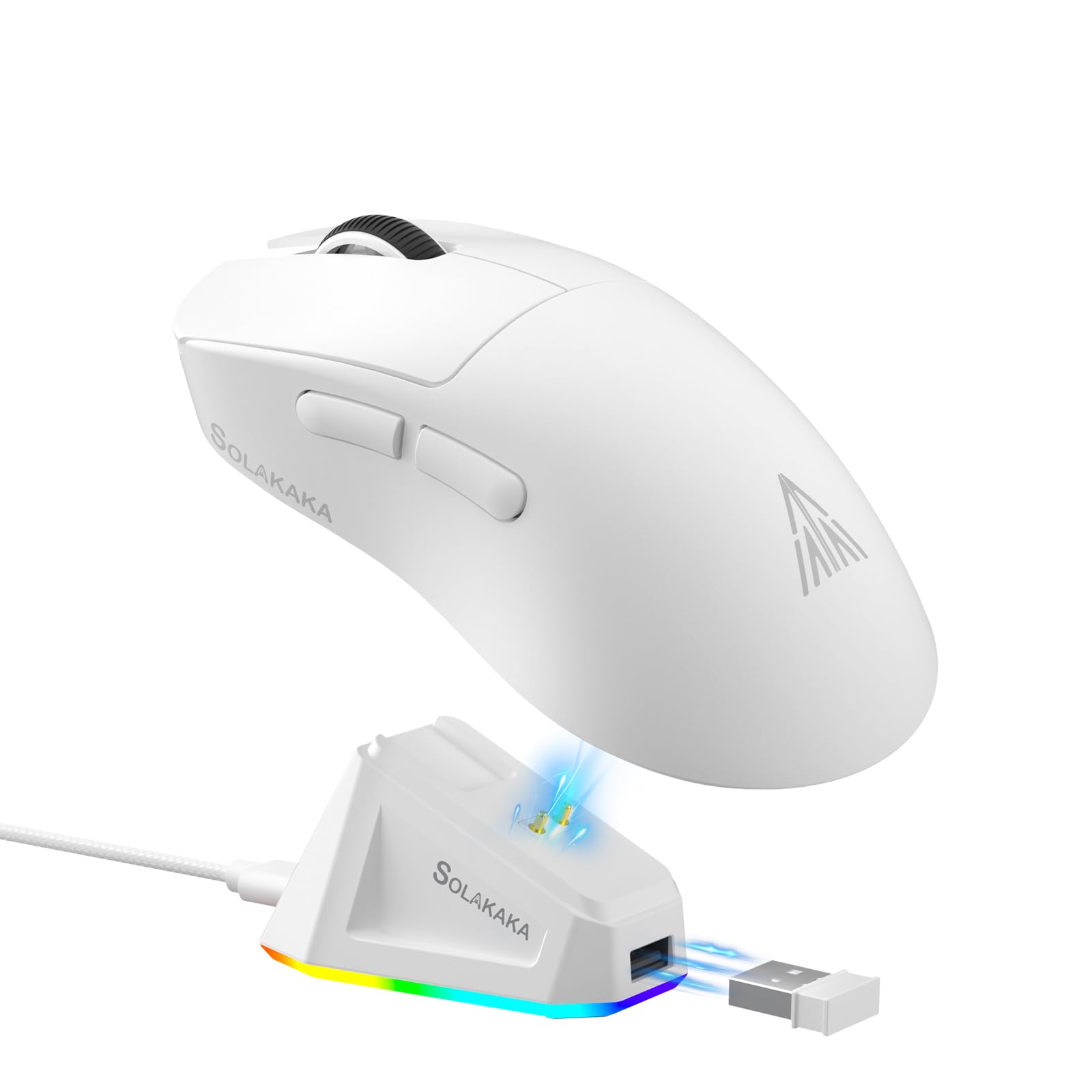 SOLAKAKA SM822 Wireless Gaming Mouse with Charging Dock, Tri-Mode Wireless Mouse, PAW3311 Optical Sensor, Up to 24,000DPI, 62g Lightweight Mouse with 5 programmable Buttons, for PC, Laptop (White)