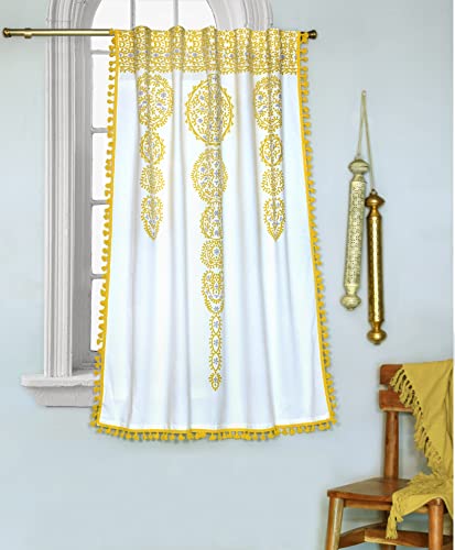 Image of Tranquebar Curtain Co. 100% Cotton, Moroccan Tasseled Geometric Print, Room Darkening Curtains for Window (with Back Tabs) - 5 Feet, Daira: Yellow, 1 Piece (Length 152 cm)