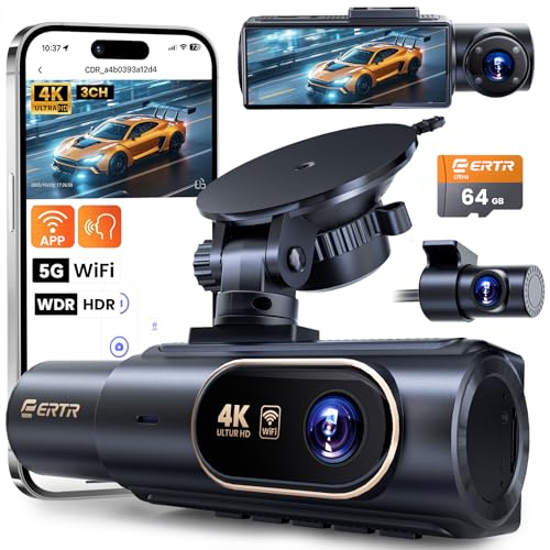 3 Channel 4K Dash Cam Front and Rear,4K Dash Cams for Cars,4K+1080P+1080P Car Camera, Built-in Wi-Fi & APP, G-Sensor,Night Vision, 64GB SD Card