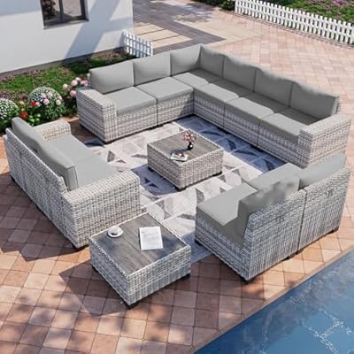 Muphyers 12-Piece Outdoor Patio Furniture Set Wicker Sectional Sofa Set, Patio Conversation Set with Thickened Cushions & Coffee Table for Garden, Backyard, Poolside, Grey