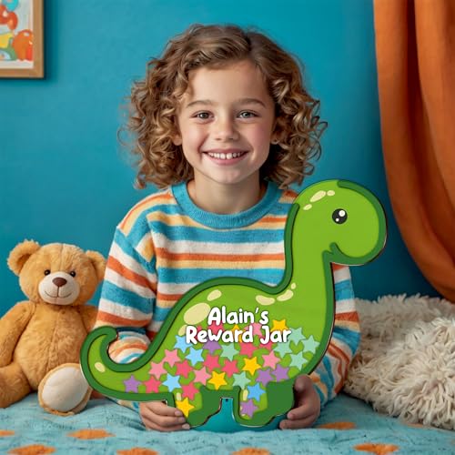 Image of Personalized Dinosaur Magnetic Reward Jar for Kids, Reward System for Kids with Colorful Star Tokens, Positive Behavior System, Classroom Motivation Tool, Back to School Gift, Toddler Potty Training