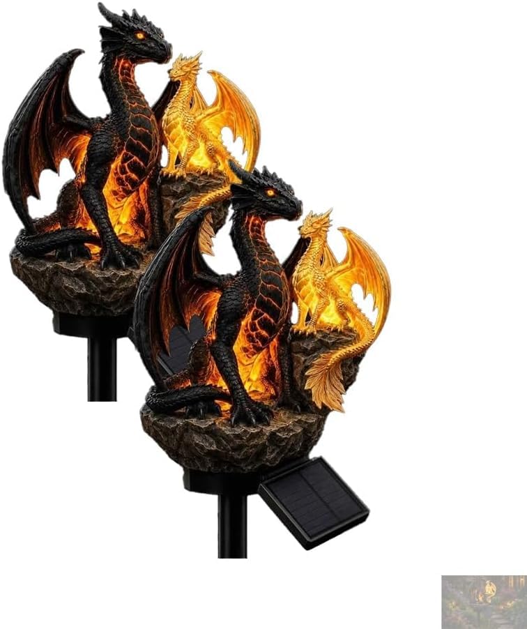 Golden Ember Dragon Legacy Solar Statue Light, Gothic Medieval Outdoor Dragon Lamp, Halloween Fantasy Patio Decor Gift for Dragon Collectors