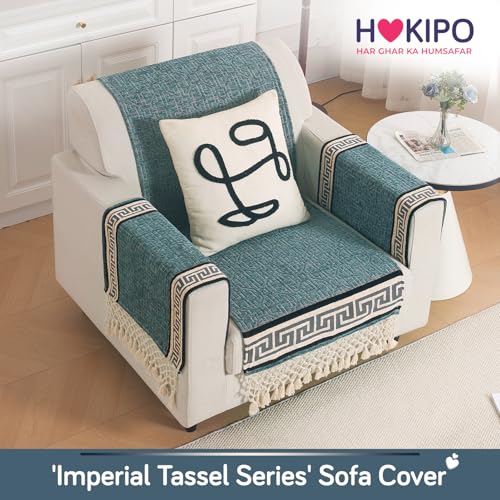 Image of HOKIPO 'Imperial Tassel Series' Thick & Soft Chenille Jacquard Sofa Cover 1 Seater Set for Seat, Back & Arms with Tassels, Muted Turquiose (IN-1009 + IN-1012-I7*2)