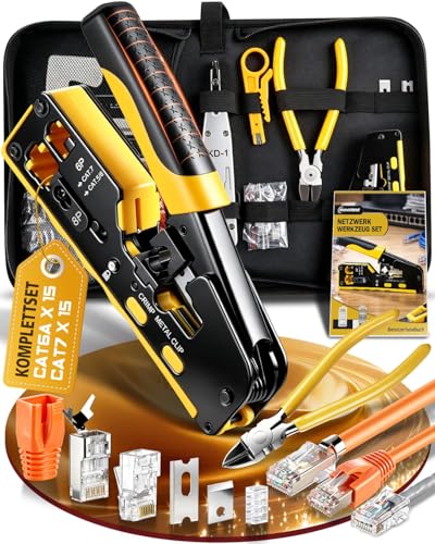moveland Effizient Netzwerk Werkzeug Set - Rutschfest präzise RJ45 Crimpzange Pass-Through mit 15 x Cat6a / 15 x Cat7 Stecker LSA Auflegewerkzeug Netzwerktester für Heimwerker & Techniker geeignet