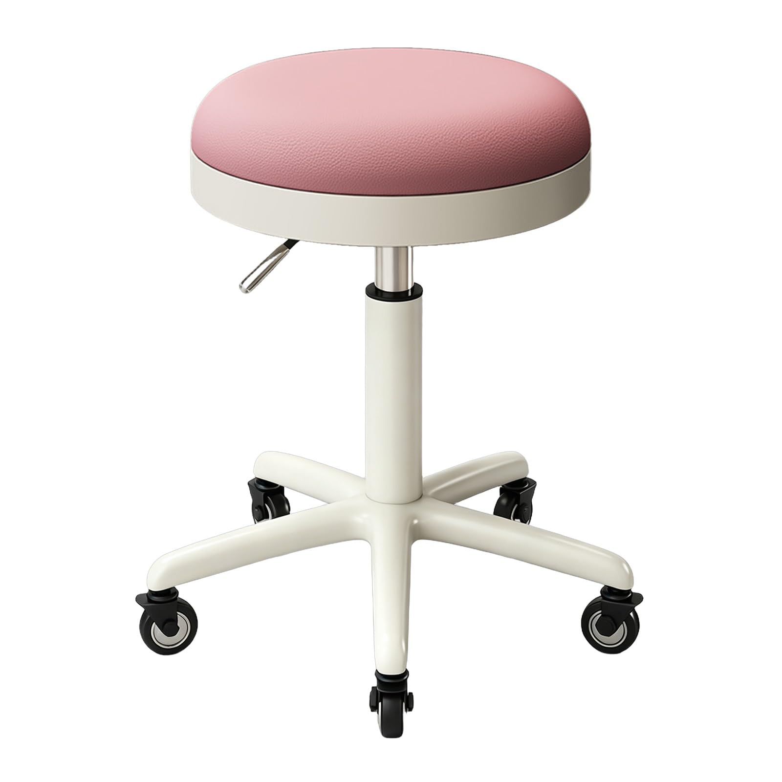 Taboret Kosmetyczny do Pedicure z Kółkami Regulacją Wysokości 47-64cm | Stołek Roboczy Obrotowy, Wypełnienie Gąbkowe Dwuwarstwowe, Okrągłe Taborety ze Skóry PU, do Domu Magazynu i Sklepu(Natural)