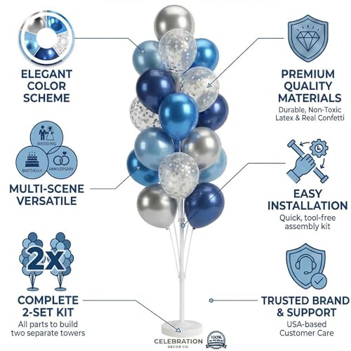 Image of Blue Silver Balloon Column Kit Set of 2 With Dark Navy Confetti Balloons Included-Balloon Tower Stand, Base&Pole,Backdrop Decoration for Wedding, Baby Shower,Birthday,Graduation,Engagement Party