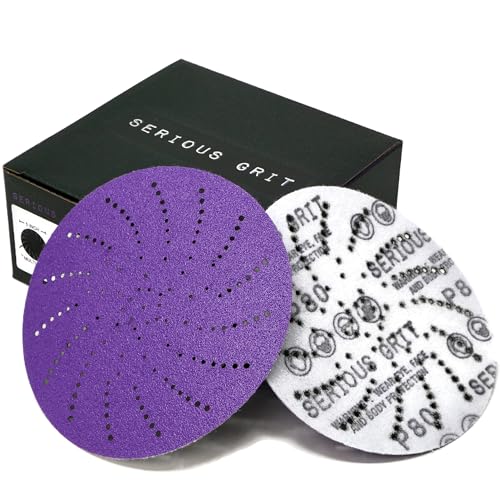 Image of Serious Grit - 5-Inch P80 Grit Ceramic Multi-Hole Sanding Discs - 50 Pack | Fits 5 inch Hook & Loop Sanders - Universal Dust Extraction Pattern - Film-Backed Heavy-Duty Sandpaper for Wood, Metal & Paint