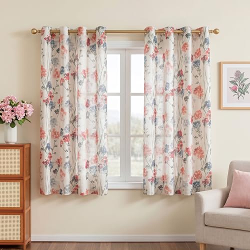 Image of MYSKY HOME Floral Linen Curtains 54 inch Length 2 Panels Set Patterned Semi Sheer Light Filtering Privacy Farmhouse Grommet Drapes for Bedroom Small Window, 52 inch Wide Each Panel, Red