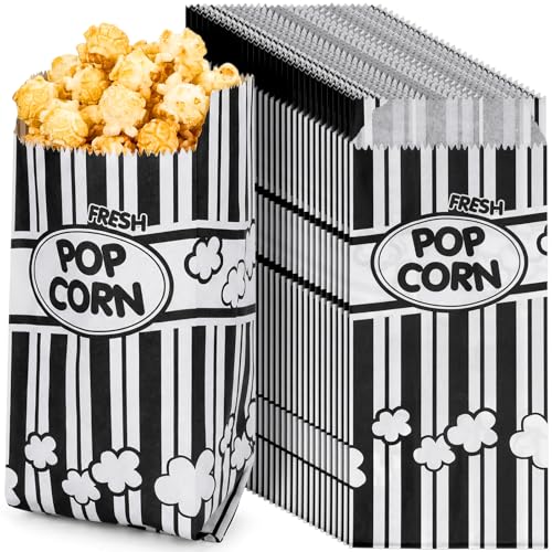 Image of Potchen 300 Pcs Popcorn Paper Bags Disposable Grease Resistant Striped Popcorn Container for Movie Night Carnival Party Theater(Black,1 oz)