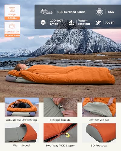 Image of ATEPA Down Sleeping Bag, 650FP / 700FP Recycled, 3-Season | ISO Limit 45℉ / 33.8F, Pad Attachment System, Ultralight & Compact, Compression Sack Included, Backpacking, Camping, Hiking