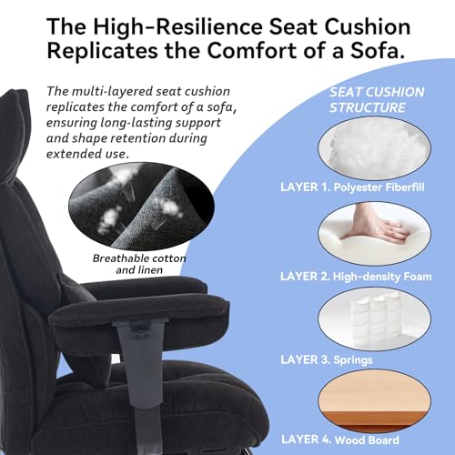 Image of Efomao Executive Office Chair 400lbs, Black Fabric Big and Tall Desk Chair | Breathable fabric, pocket spring & foam seat, retractable footrest, 135 recline for computer gaming setup