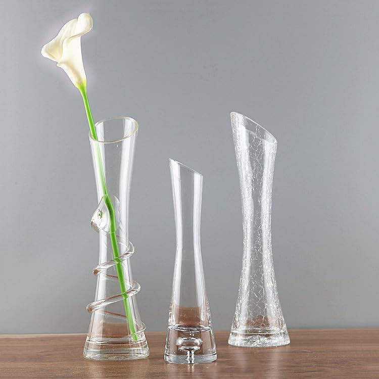 Clear Glass Bud Vase Handmade Blown Narrow Neck Single Stem Vase with Thread Pattern Oblique Mouth Flower Vases for Home Office Table Centerpiece Decor - Image 4