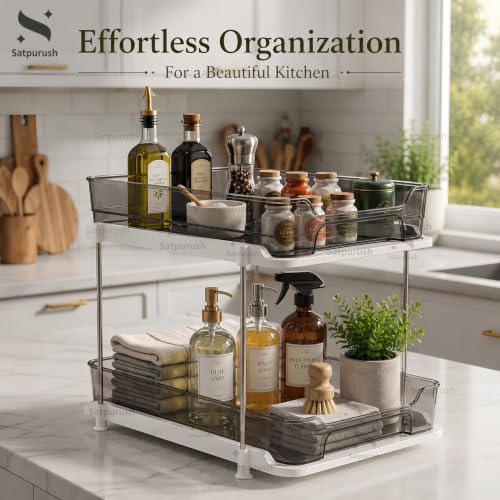 Image of Satpurush 2 Tier Kitchen Organizer Rack for Countertop, Space Saving Multipurpose Organiser with Transparent Trays for Spice Jars, Oil Bottles & Containers, (27.5 x 28 x 19 cm, Smoke Gray)